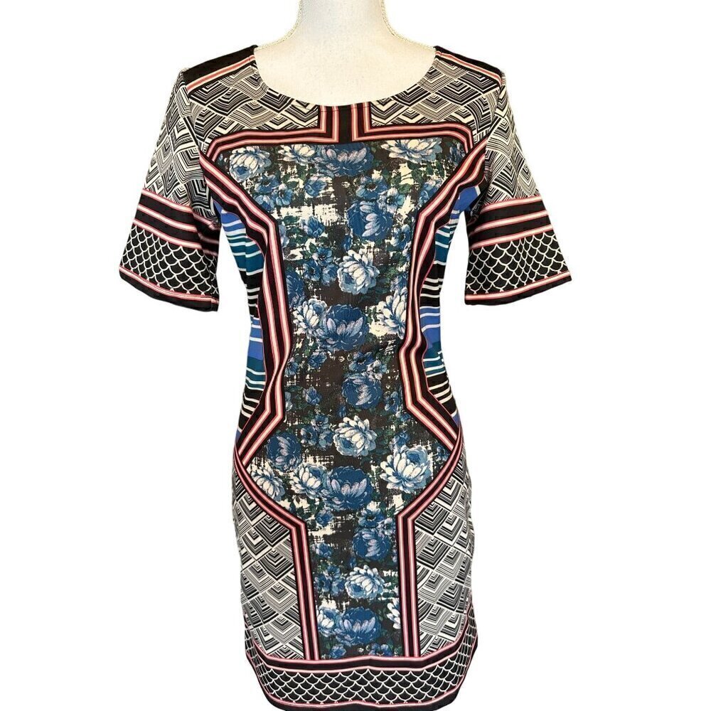 Jealous Tomato Women Dress SZ L Geometric Floral Print Short Sleeve Stretch NEW